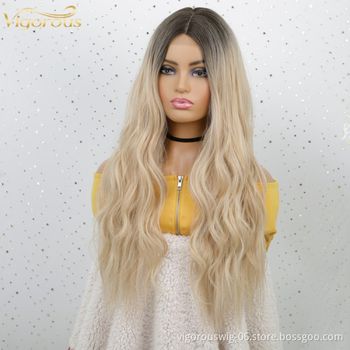 Natural Looking Long Ombre Blonde body Wavy Curly End Straight Wigs Women Middle Part Heat Resistant Fiber Synthetic Fiber Wig